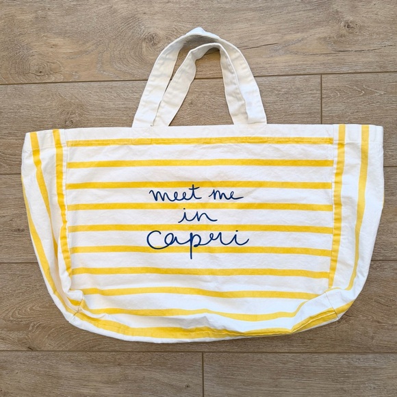 Loft "Meet Me In Capri" Bag Yellow and White striped cotton canvas Tote Bag - Picture 2 of 8